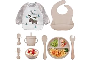 Tivifore Set Pappa per Bambini, Set da 9 Pezzi Svezzamento Set, Silicone Piatto con Ventosa Ciotola Cucchiaio Forchetta Bavaglino, Training Esercitarsi A Mangiare Da Soli, Set Pappa Svezzamento