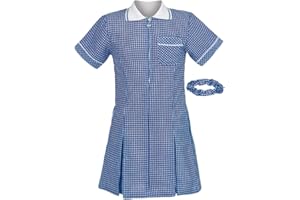 Hamishkane® Girls Gingham School Dress, Short Sleeve Pleated School Uniform Girls, Kids Check Print Zip up Gingham Summer Dress with Pockets and Hair Bobble (Scrunchie), Ages 3-20