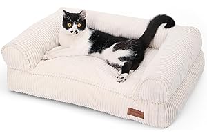 FUKUMARU Katzensofa Bett, Corduroy Gemütliches Katzenbett für drinnen mit abnehmbarem waschbarem Bezug, Stützendes Anti-Rutsch Hundebett Sofa für kleine Hunde, 72 x 52 x 22 cm, Mittel, Creme
