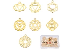 Beebeecraft 28pcs 7 Style 18K Plaqué Or Chakra Charms Yoga Om Inspirational Creux Fabrication de Bijoux Résultats pour DIY Collier Bracelet Boucles d'oreilles Artisanat Fournitures