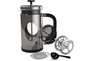 bonVIVO Cafetera Francesa GAZETARO I – Prensa Francesa de Émbolo en Acero Inoxidable y Cristal – Cafetera de Émbolo Manual para Café Molido, Cold Brew e Infusiones, 1000ml Plata