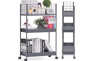APEXCHASER Slim Storage Cart,3-Tier Metal Utility Rolling Cart with Wheels,Slide Out Storage Cart, Skinny Storage Rolling Cart,Storage Trolley Cart for Office Kitchen Bathroom Narrow Place,Grey
