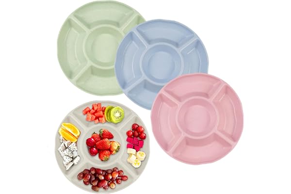 Hocadrv Set med 4 mellanmålstallrikar med 5 fack, runda plasttallrikar, återanvändbar, för hem, fest, nötter, desserter, tork