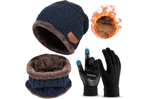 LALAFANCY 3 Pieces Winter Beanie Hat Scarf Set and Touch Screen Gloves Warm Thick Knit Fleece Lined Skull Cap Gifts for Men Women
