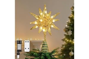 Lewondr Estrella para Árbol de Navidad, 11" Enchufable y Control Remoto Estrella de Copa Geométrica 3D Iluminada para Decoración Navideña, Función Temporizador y Cable 5m, Luz Cálida, Oro Champán
