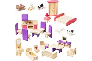 SEKEPINGO 25PCS Dolls House Furniture Set Wooden Doll House Furniture Accessories with Mini Cat Figures Pretend Play Dollhouse Little Toys Realistic Kitten Figurines for Girls Boys Children Toddlers 3+