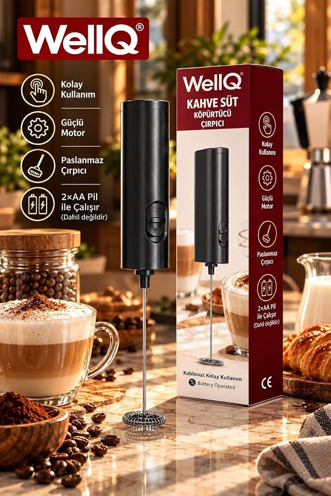 WellQ Yüksek Devirli Pilli Kahve ve Süt Köpürtücü Çırpıcı