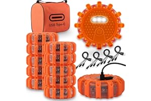 ECOANGEL USB Rechargeable LED Road Flares Car Emergency Kit-Roadside Safety Discs Car Warning Safety Beacon Flashing Flares Kit Magnetic Hazard Lights with Window Breaker, Survival Whistle for Vehicles(12)
