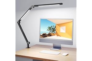 MediAcous Lampara Escritorio LED, Fuente de Luz Dual Flexo de Escritorio Brazo Oscilante Abrazadera, LED 4 Modos de Color et 4 de Brillo, Control Tactil, de Mesa para Trabajo, Estudiar