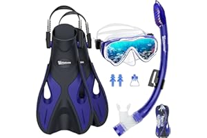 UPhitnis Ensemble de Tuba pour Enfants avec Palmes, Anti-Buée Lunettes de Plongée Panoramiques à 180 ° Palmes de Natation Réglables Masque de Plongée de Haute Qualité et Tuba, Sac de Transport