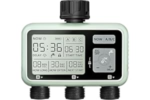 Johgee 3 Zone Water Timer for Irrigation, Sprinkler Timer 3 Outlet, Garden Hose Timers, Garden Watering System Irrigation System Controller with Auto & Manual Mode, Rain Delay for Lawn