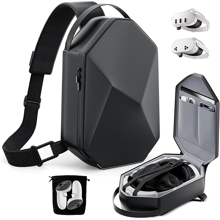 Harde draagtas, compatibel met Meta Quest 3S/3 Mixed Reality headset, VR gaming headsets reisopslaghouder, tas voor touch-controller en accessoires, met schouderriem en tas, zwart