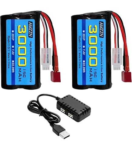 Batería Lipo 7.4V 2000mAh 15C 2S Con Cargador 2 En 1 Para Coches RC WLtoys Y Otros 1/10, 1/12, 1/16 (Conector T)