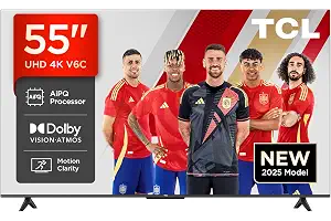 TCL 55V6C 55" Direct LED Smart TV, 4K HDR, Powered by Google TV (Dolby Audio, Motion Clarity, Compatible with Google Assistant & Alexa) [Clase de eficiencia energética E]