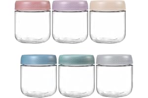 Eidoct 6-Pack 12 oz Glass Jar with Screw Lid Leakproof Overnight Oats Container, Yogurt Jars, Oatmeal Salad Jars, for Cereals Milk Fruit Condiment Dressing Sauce Snacks Juice, 6 Colors(6-Pack 350ml)