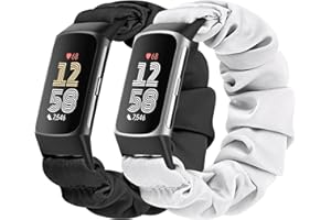 Bcuckood 2 Packs Scrunchie Straps Compatible with Fitbit Charge 6/Charge 5, Soft Cute Pattern Printed Fabric Elastic Solo Loop Cloth Scrunchy Replacement Wristband for Women Girls