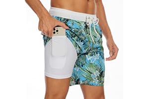 AUFIKR Men's Swim Trunks Mens Double Layer Beach Shorts with Compression Liner 2 in 1 Board Shorts with Pockets Surfing Sport Surfing Board Shorts