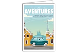 AFIE 69-4341 Carte Départ Vers Nouvelles Aventures avec Enveloppe, Affichette Mini Posters Format 17x11,5cm, Retraite Déménagement Changement Vie Voyage Barcelone Espagne Voiture Rétro Vintage Bleu