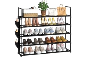 OYREL Shoe Rack 5 Tier 20-25 Pairs Shoes, Shoe Storage Organizer Large with Side Bag Space Saving for Closet, Entryway, Garage, Bedroom Non-Woven Shoe Rack Shelf Black