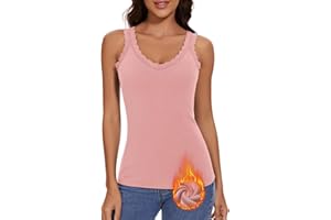 WOWENY V Neck Ladies Thermal Vest Lace Camisole Tops for Women Warm Underwear Sleeveless Winter Ribbed Base Layer