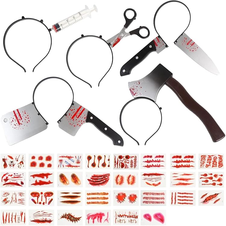 Kit Accessoire Halloween Effrayant - 4 Serre-têtes Couteau/machette + 10 Tatouages Cicatrices - Pour Déguisement Et Cosplay