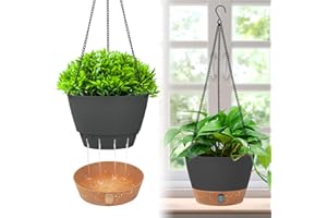 Evoio 20cm Hanging Plant Pots Self Watering Hanging Flower Pots Hanging Planters with Visible Water Level Tray Drainage Holes Removable Tray for Indoor Outdoor Plants (Set of 2, Dark Grey)