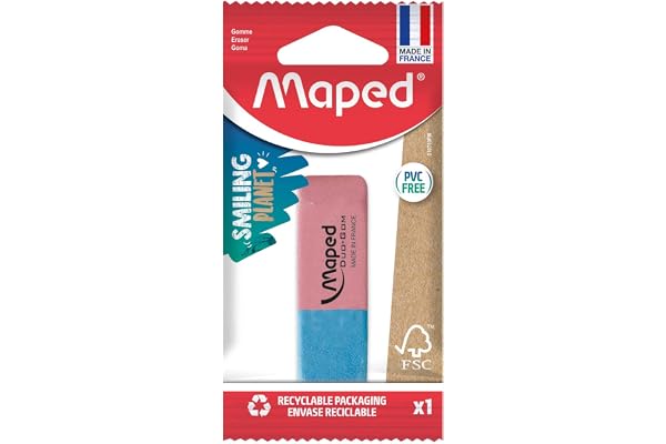 Maped Duo-Gom Gomme moyenne en caoutchouc naturel sans PVC Rose et bleu Certifié FSC Emballage papier 100 % recyclable