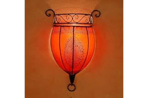 Casa Moro | Applique murale orientale marocaine Nakous Orange | Belle lampe de Henna Taille H 44 x L 29 x P 14 cm | Armature en fer + abat-jour en cuir | Artisanat en Marrakesch | L1086