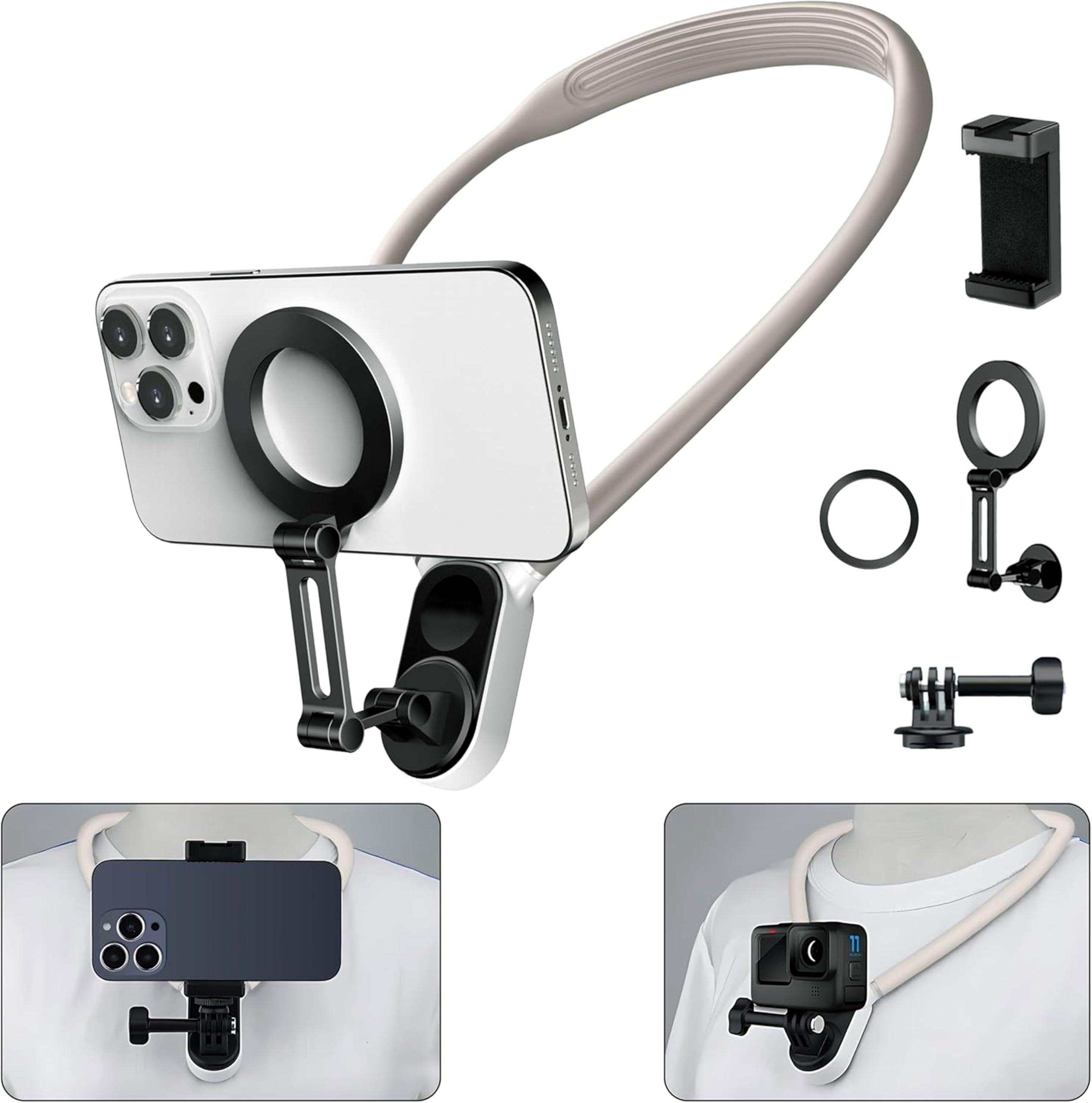 ADOFYS 3 in 1 Magnetic Neck Phone Holder with Mount for GoPro and Universal Phone Clip, Chest Tripod Handfree Vlog POV Recording for Magsafe iPhone 15 14 13 12 Pro Max Plus Mini All Android