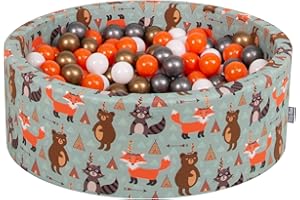 KiddyMoon Piscine À Balles pour Bébé Rond 90X30cm/200 Balles 7Cm Fosses À Boules Jouet Enfant, Renard-Vert:Orange/Argenté/Or/Blanc