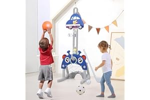 QIVANGE 5 in 1 Basketball Hoop and Stand for Kids Height Adjustable With Football Goal, Golf, Ring Toss, Story Player, Indoor Outdoor Toddler Sports Set, Basketball Hoop Set for Children 3 4 5 6 7 8 Years Old