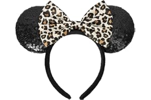 DXPETA Ears Headband, Minnie Mouse Ears with Leopard Print Bow, Glitter Party Hair Accessory for Women and Kids, One Size Fits Most