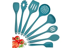 Herogo Set di 8 posate da cucina in silicone, antiaderenti, resistenti al calore, set di utensili da cucina, con spatola in silicone, cucchiaio/paletta, mestolo, colore: blu