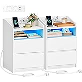 Hzuaneri Bedside Table Set of 2, with LED Lights and Charging Station | NS60103XEU 2 AC Outlets, 2 USB Ports, 1 Open Compartm