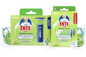 ‎WC-ENTE WC-Ente Frische Siegel Vorteilspack, Starter Set (inkl. 1 Nachfüller) und 2 Nachfüller, körbchenloser WC-Reiniger, Limone