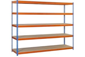 Simon Rack Estanteria Industrial, 2000x1200x600 mm, 400 kg de Punto Flexión, 5 Estantes Madera, Estanterias Almacenaje, Estanterias Metalicas, Azul/Naranja/Madera - SimonTaller