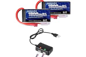 URGENEX 7.4V Lipo Battery 2S 35C 1800mAh Rechargeable RC Battery Pack with with Deans T Plug Campatibal with Most 1/10, 1/16 Scale RC Cars Trucks and 7.4V 1to2 USB Charger
