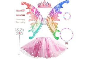 MAYSIDA Costume da principessa con ali di fata elettrica per ragazze,ali di farfalla in movimento con luci LED&musica, costume da principessa con corona/bacchetta/braccialetti e collane/giocattolo per bambini