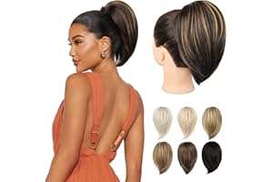 REECHO Ponytail Extension，Claw Clip Hair Bun Hair Piece Short Straight Ponytail Hair Extensions Messy Hair Bun Natural Synthetic Fake Ponytail Hair Pieces for Women- Dark Brown with Highlights