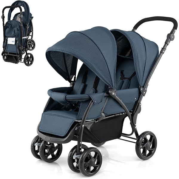 Passeggino Gemello Pieghevole In Acciaio - Con Copertura Antipioggia, Grigio Scuro/Nero, 122.5x53.5x111 Cm