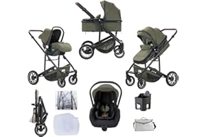 Lnhcrbs 3 in 1 Stroller,Travel System, Green- Pushchair and Car Seat Set, Baby Stroller 3 in 1 with Car Seat, Sleeping Basket&Carrycot with Foot Cover,Heightened Foot Cover,0-4,22KG