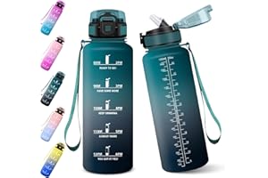 Baramumu Gourde, 1500ML Gourde Paille Adulte, Sans BPA, Bouteille d'eau de Motivation avec Marqueur de Temps, Bouteille Sport pour Salle de Sport, Aire Libre, Yoga - Vert foncé&Gris
