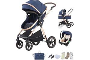 BEBBY 3-in-1 Kinderwagen KombiKinderwagen-Set 2-in-1 Buggy faltbar Luxus Hochlandschaft Neugeborenes Tragbarer Zusammenklappbarer Kinderwagen Travel System (D2-BLUE, H2-D)