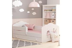 Kids Collective Letto per bambini 70x140 | 80x160 cm con materasso e cassetto, rete a doghe e lettino anticaduta per bambini lettino letto singolo letto completo in bianco con motivo cavallo 140x70 cm