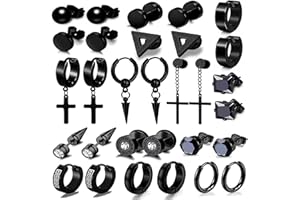 JSTHHTT 15 Paia Orecchini Uomo Cerchio, Orecchini a Cerchio, Punk Orecchino, Croce Pendente (Nero)