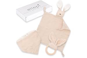 Ellepi Doudou Neonato Set Regalo Nascita Bio - Set Completo con Doudou, Bavaglino e Massaggia Gengive in Cotone Biologico per Neonati 0-3 Mesi (Beige)