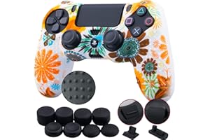 9CDeer 1 Pieza de Siliconas Tachonado Transferencia de Agua Protector Manga Caso Cubierta Piel Cover Skin + 8 Thumb Grip + 2 a Prueba de Polvo Tapones para Mando PS4/Slim/Pro, Girasol