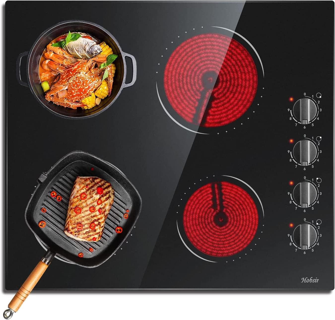 Ceramic Hob 4 Zones Electric Hob with Knobs Built in 6000W Ceramic Hob 60cm with Non-abrasive Black Glass Auto Switch off Safety Hard Wire, No Plug Included