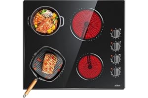 HOBSIR HOB Ceramic Hob 4 Zones Electric Hob with Knobs Built in 6000W Ceramic Hob 60cm with Non-abrasive Black Glass Auto Switch off Safety Hard Wire, No Plug Included