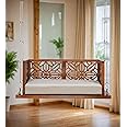 Jairi Traders Wooden Swing (4ftx2ft) Solid Wooden Hanging with Hand Rest and Back Support Jhula Wooden Swing Reversible Jhali Carving Stainless Steel Accessories